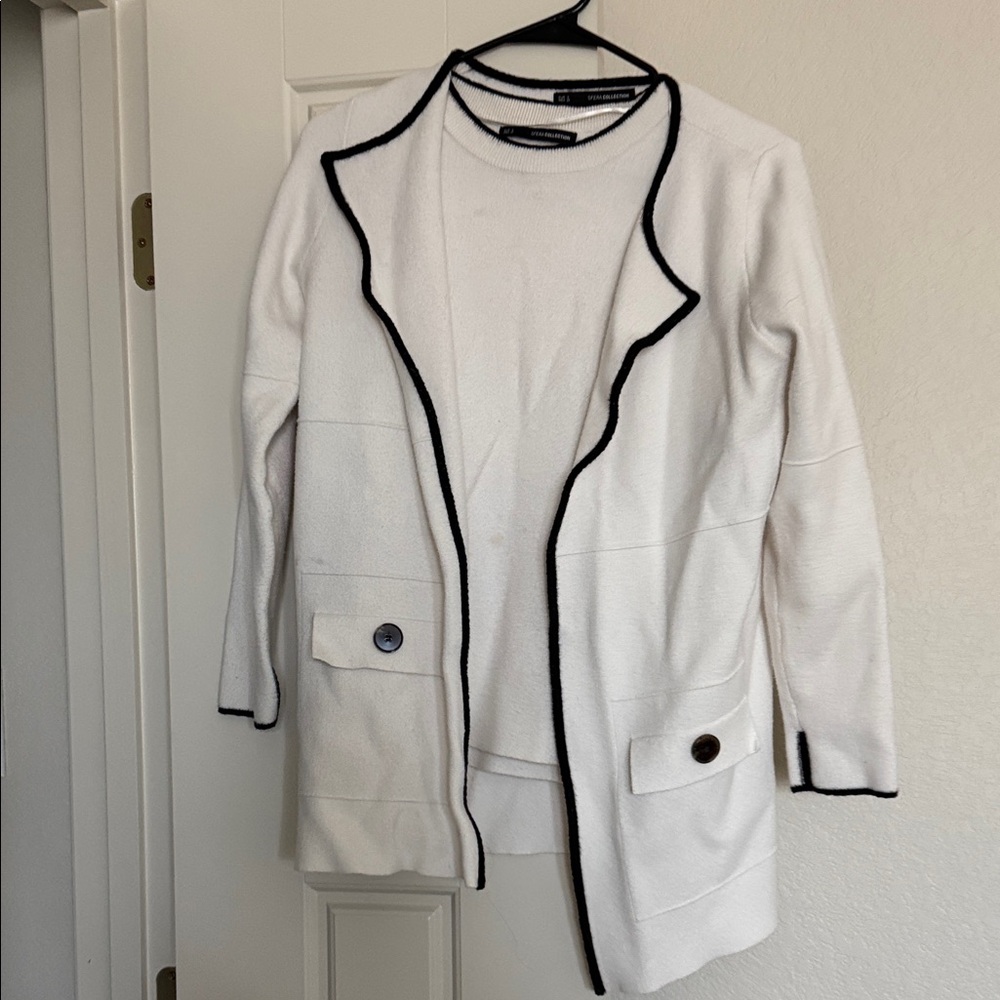 White Cardigan with Black Trim and Short Sleeve Sweater